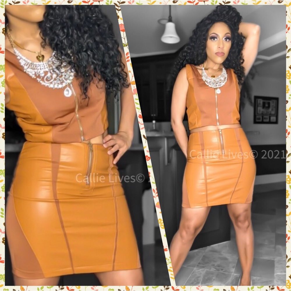 Dani Caramel Faux Leather Zip Up Mini Skirt Set - Picture 2 of 14